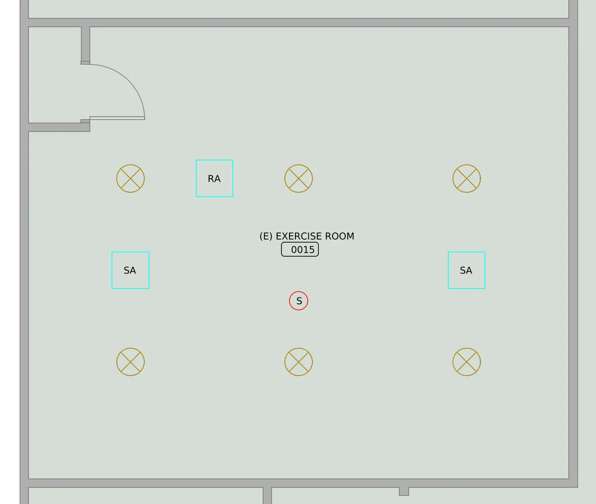 The same exercise room after the request, with six ceiling lights in a grid, two supply diffusers, a return grille and a smoke detector