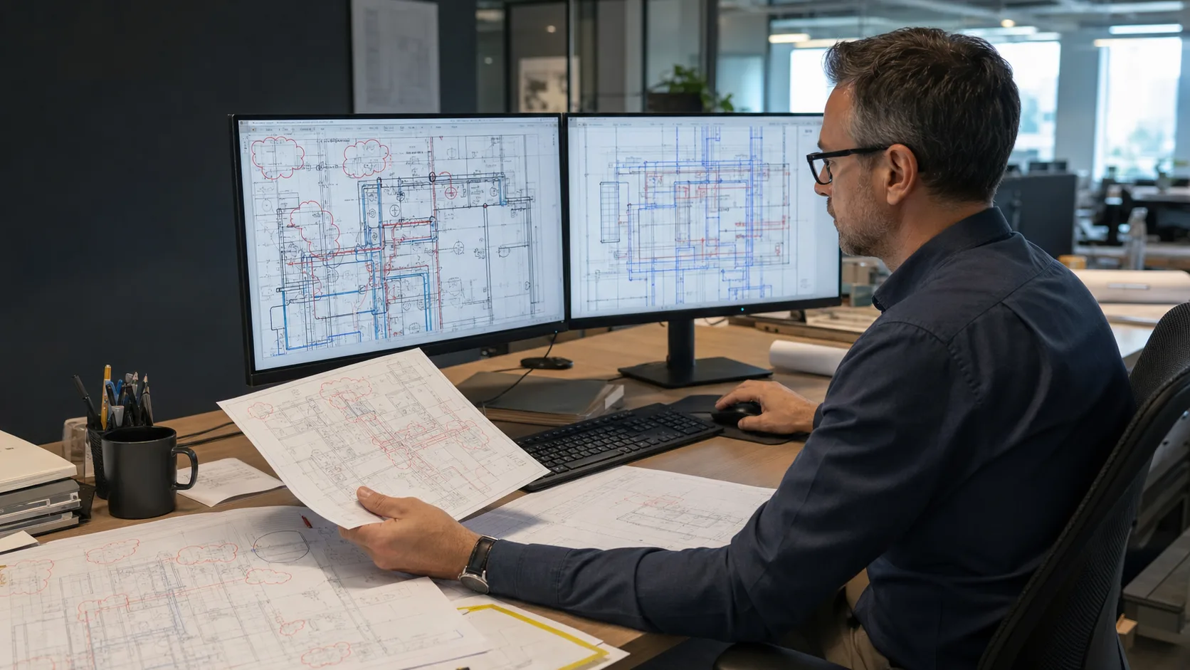 MEP CAD manager reviewing demolition and new-work drawing revisions at a workstation