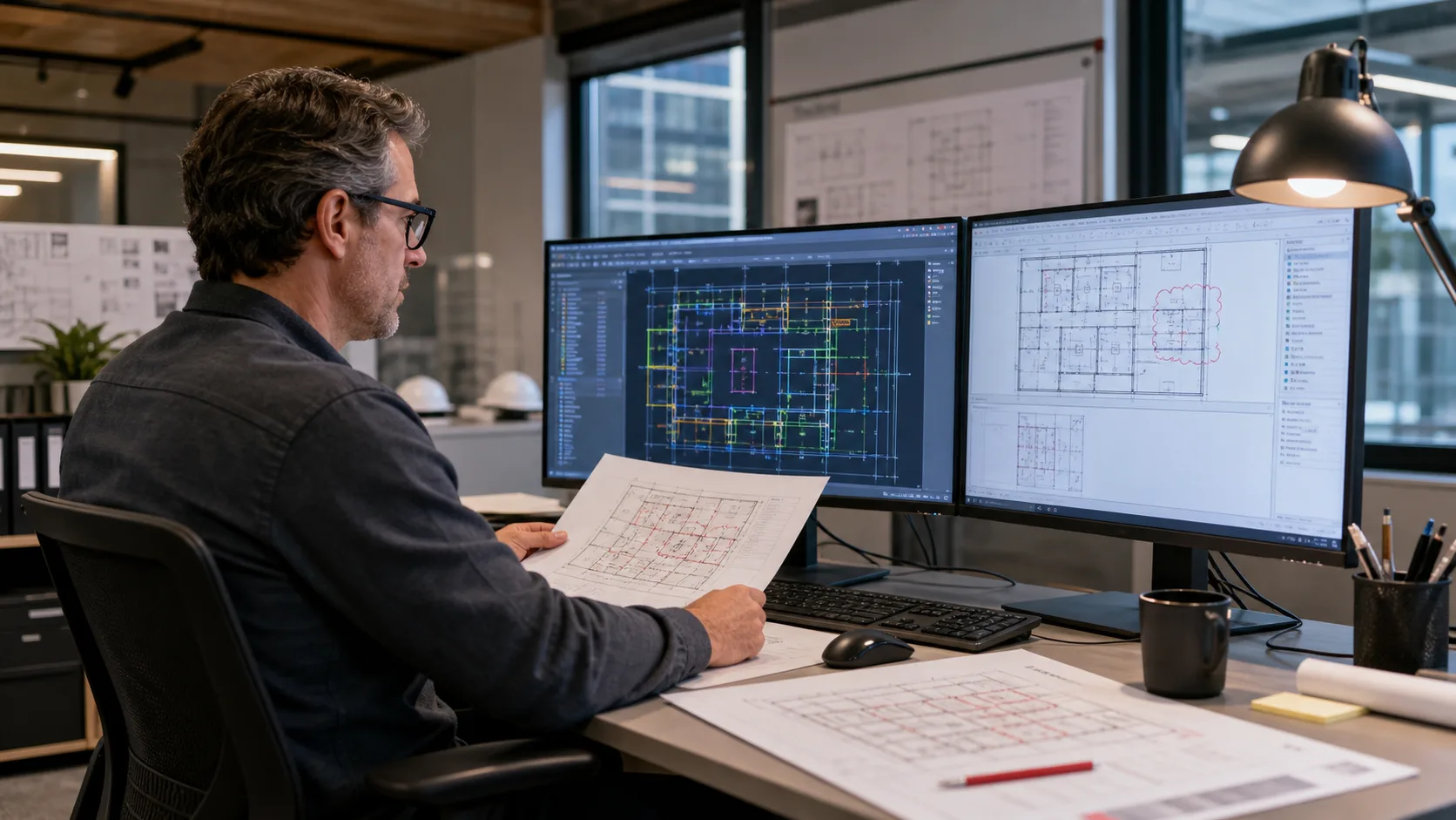 MEP CAD manager reviewing coordinated room-number drawing revisions at an engineering workstation