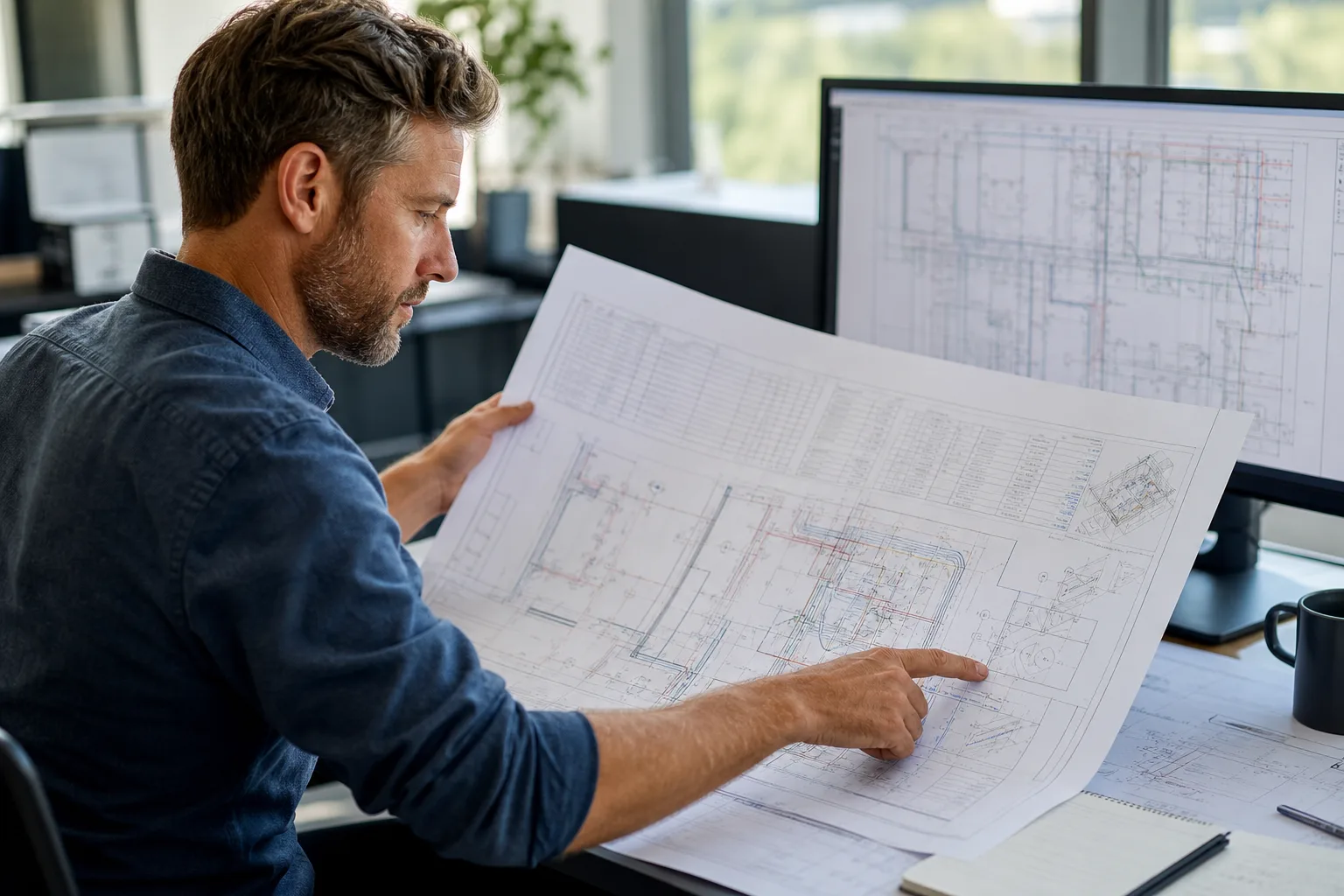MEP CAD manager reviewing value engineering revision drawings at a workstation